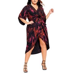 City Chic Womens Garnet Slither Batwing Sleeve Faux Wrap Dress Plus Size 20 Red City Chic's Garnet Slither Dress Has A Lusted-After Shape With Complimentary Arm Coverage, A Concealing Wrap Waistline & A Curve-Flattering Silhouette. Condition: New With Tag, Missing Belt. No Sign Of Wear. Brand: City Chic Color: Red Garnet Snake Approx. 51-1/2" Long From Center Back Neck To Hem.; Relaxed Fit Faux-Wrap V-Neck Pullover Styling Batwing Elbow-Length Sleeves Pleated Front Waist With Elasticated Back; R Shape Party, Dresses For Apple Shape, Party Dresses With Sleeves, City Chic Dresses, Plus Size Party Dresses, Chic Dresses, Size 16 Dresses, Faux Wrap Dress, Chic Woman