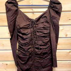 Zara Chocolate Ruched Mini Dress With Tie Front. Puff Long Sleeves Back Zipper Nwt Ruched Mini Dress For Brunch In Fall, Zara Brown Ruched Dress, Ruched Mini Dress, Puff Long Sleeves, Dress With Tie, Zara Dresses, Zara, Long Sleeves, Mini Dress