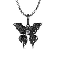 Like a nocturnal butterfly emerging from the shadows, this necklace encapsulates the allure of the night. Adorned with a pristine white gemstone, this exquisite piece is crafted from sterling silver and coated with a sleek black electroplating, embodying the essence of the dark aesthetic. Its intricate design showcases the delicate wings of the butterfly, meticulously crafted to evoke a sense of mystery and enchantment.Width: 19 mmHeight: 20.7 mmMaterial: 925 SilverStone Type: Jeulia® StonePlati Black Butterfly Charm Jewelry, Black Butterfly-shaped Jewelry For Gift, Elegant Black Butterfly Charm Necklace, Black Butterfly Jewelry For Gift, Elegant Black Necklace With Butterfly Charm, Formal Butterfly Charm Pendant Necklace, Formal Necklace With Butterfly Charm Pendant, Formal Pendant Necklace With Butterfly Charm, Black Butterfly Necklace For Gift