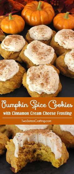 pumpkin spice cookies with cinnamon cream cheese frosting on a black surface surrounded by mini pumpkins