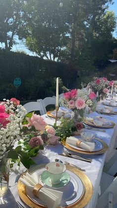 a long table with plates and flowers on it is set for an outdoor dinner party