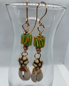 Afrocentric Beaded Cowrie Shell Earrings Ghana Glass Beads - Etsy Unique Green Beaded Earrings For Beach, Eclectic Beaded Jewelry For The Beach, Eclectic Beaded Jewelry For Beach, Eclectic Beaded Beach Jewelry, Unique Beaded Earrings For Beach, Unique Beaded Earrings With Dangling Beads For Beach, Unique Dangling Beaded Earrings For Beach, Unique Dangling Beads Earrings For Beach, Cowrie Shell Earrings