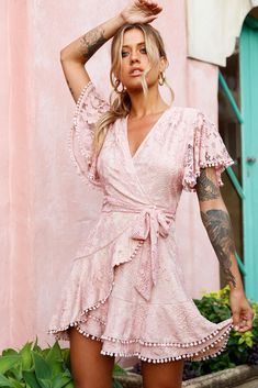 Looks Hippie, Blush Lace Dress, Delicate Gold Jewelry, Angel Sleeves, Staring At You, Angel Sleeve, Clothing Tags, Date Night Dresses, Mini Dress Casual