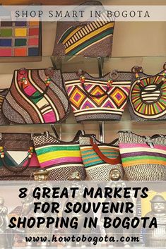 bags and purses on display in a store with text overlay that reads 8 great markets for souvenir shopping in boga