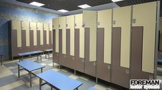 a row of lockers in a public restroom with tables and benches on the floor