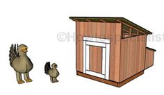 an image of a chicken coop with two chickens in it and one bird on the ground