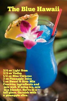 a blue hawaiian drink with a flower on the rim and text that reads, blue hawaii