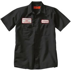 Black, button-up work shirt with high quality  patches on front as shown.   Fabric: 4.25 oz. soft hand poplin Blend: 65% polyester/35% cotton, permanent press Finish: Pre-cure durable press with soil release & wickable finish Closure: Men's Style six buttons with vertical button holes, gripper  at neck Collar: Two-piece, lined, sewn-in stays Pocket: Two button thru hex pockets with angled bartacks, bartacked pencil stall in left pocket. Facing: Stitched-down front Note: Square bottom, can be wor Patch Work Shirt, Plant Funny, Shirt With Patches, Automotive Logo Design, Funny Patches, Silly Shirt, Costume Fashion, Memorial Hospital, Nuclear Power Plant