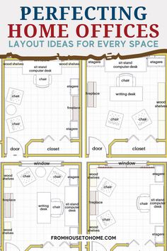 Perfect home office layouts for every space. Executive Office Layout Floor Plans, Long Home Office Layout, 12x16 Office Layout, Study Design Ideas Layout, Multi Use Office Space, Small Home Office Layout Ideas, Long Narrow Office Space Ideas, Rectangular Office Layout, Office Layout Plan With Dimensions