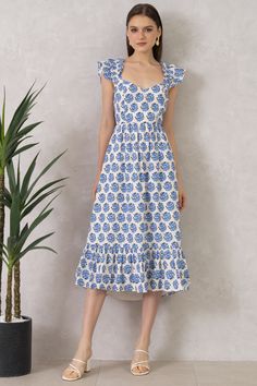 STYLE: DR-21017 - HONEY - S/23 Fitted Cotton Midi Dress With Ruffles, Cotton Midi Dress With Ruffles, Cotton Midi Dress With Ruffle Hem, Cotton Midi Dress With Ruffles For Day Out, Cotton Midi Dress With Ruffle Hem For Garden Party, Cotton Midi Dress For Garden Party, Cotton Midi Dress With Ruffle Hem For Daywear, Summer Cotton Midi Dress With Ruffles, Spring Cotton Midi Dress With Ruffle Hem