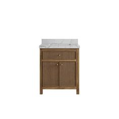 a bathroom vanity with a marble top and wooden cabinet doors on both sides, against a white background