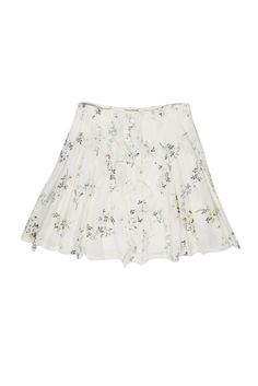 Current Boutique-A.P.C. - Cream Floral Print Flared Skirt Sz 6 Flared Ruffle Skirt For Garden Party, Flared Ruffled Skirt For Garden Party, Ruffled Flared Skirt For Garden Party, White Tiered Skort For Spring, Spring Pleated Tiered Skirt With Ruffles, White Ruffled Skirt For Spring, Chic Floral Print Pleated Skirt For Spring, Spring Ruffled Flared Pleated Skirt, Elegant Spring Skort With Gathered Skirt