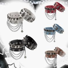 Introducing our unique pair of bracelets, each designed to complement the other with distinctive adornments. The first bracelet features striking skeleton and stud embellishments, exuding a bold and edgy vibe. The second bracelet showcases charming star and stud decorations, along with an elegant chain detail, creating a perfect blend of cute and chic.This set is sold as a pair, ensuring you get both bracelets for the price listed. Perfect for adding a touch of personality and flair to any outfi Kawaii Leg Warmers, Kawaii Hat, Punk Skirt, Sonic Oc, Gothic Bag, Heart Shaped Bag, Kawaii Bag, Goggles Glasses, Steampunk Goggles