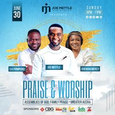 praise & worship flyer with three people standing in front of clouds and blue sky behind them