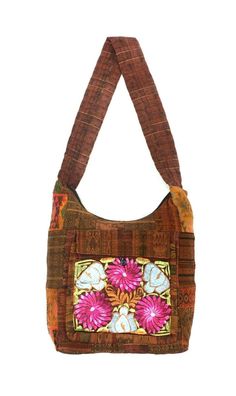 Details: Brown Handmade Woven Guatemala Bags, fully lined with 1 big outside pocket with purple flowers displayed on the outside. Made from cotton, satin. Sturdy straps.  “Pattern may varies.” ----------- Measurements:(approx.) Height - 12 inches  Depth - 4 inches Width - 16 inches Handle length - 19 inches Flower Display, Tag Sale, Up Girl, Hand Bags, Handmade Artisan, Boho Hippie, Design Inspo, Guatemala, Purple Flowers