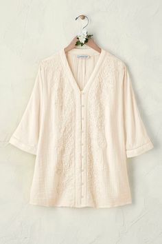 Our best-selling double gauze, superbly refined in a slipover blouse with artful accents – rich soutache appliqué and openwork detailing. | Women's Summer Breeze Gauze Soutache Blouse Top - Dusty Pink - XS Elegant V-neck Top With Chikankari Embroidery, Elegant Blouse With Floral Embroidery And Relaxed Fit, Elegant Embroidered Tops With Relaxed Fit, Elegant V-neck Tops With Chikankari Embroidery, Elegant Embroidered Relaxed Fit Blouse, Elegant V-neck Top With Intricate Embroidery, Elegant Spring Blouse With Tonal Embroidery, Elegant Summer Top With Chikankari Embroidery, Elegant Blouse With Tonal Embroidery For Spring