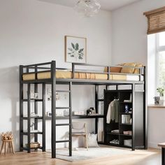 a loft bed with a desk underneath it