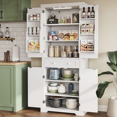 an open cabinet in the middle of a kitchen