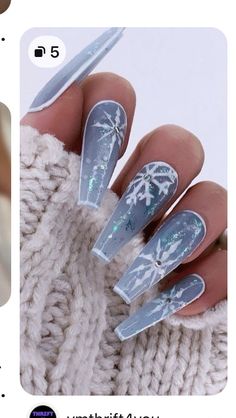 Snowflake Nails With Rhinestones, Ice Blue Nails Winter Glitter, Blue White Winter Nails, Blue Nails Acrylic Winter, White And Blue Winter Nails, Nail Snowflake Design, Cold Nails Winter, Winter Long Nails, Blue And White Christmas Nails