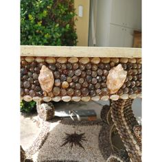 a close up of a table with shells and other things on it's surface