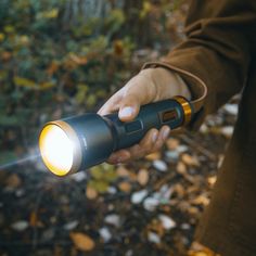 a person holding a flashlight in their hand with leaves on the ground behind them and trees in the background