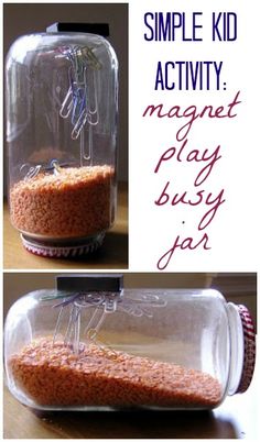 a jar filled with magnets sitting on top of a table next to another jar