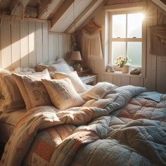 a bed sitting under a window in a bedroom next to a wooden wall and ceiling