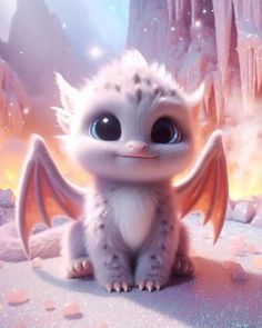 a cute little white dragon sitting on top of a snow covered ground next to rocks