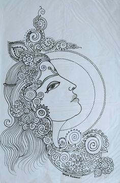 a drawing of a woman's face with swirls and curls in her hair