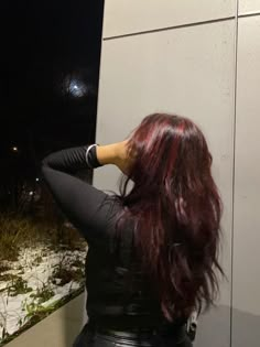 Dark Red Under Black Hair, Brown With Red Hair Highlights, Black Hair With Red Accents, Red Dye Over Black Hair, Cherry Red Hair With Black Highlights, Wine And Black Hair, Thick Red Highlights, Red Highlights Wavy Hair