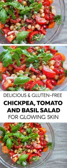 two pictures showing different types of salads in glass bowls with the words delicious gluten - free chickpea, tomato basil salad