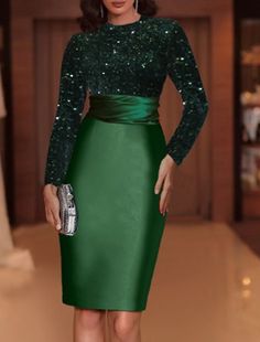 Sheath Evening Gown Elegant Dress Red Green Dress Knee Length Long Sleeve High Neck Satin with Sequin Green Dress Knee Length, Red Green Dress, Cocktail Dress Elegant, Green Wedding Dresses, Cheap Cocktail Dresses, Gown Elegant, Satin Evening Gown, Cocktail Dresses Online, A Line Cocktail Dress