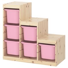 three wooden shelving units with pink plastic containers on each shelf and four smaller bins in the middle