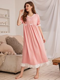 Baby Pink Cute  Short Sleeve Polyester Colorblock Nightgowns  Non-Stretch  Women Sleep & Lounge Night Wear For Women Sleep, Cute Nightgowns, Night Wear Dress, Night Suit For Women, Cotton Night Dress, Baby Pink Dresses, Night Dress For Women, Party Wear Indian Dresses