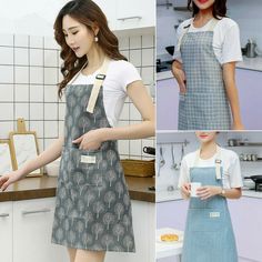 three pictures of women in aprons and dresses