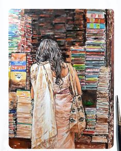 a painting of a woman standing in front of stacks of books