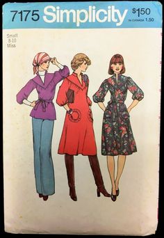 three women's coats and pants are shown in this sewing pattern, with the words simplicity printed on them