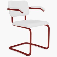 a white and red chair with a metal frame on the back, viewed from the front