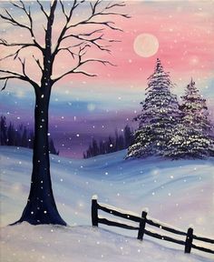 a painting of a snowy landscape with a tree and fence