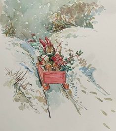 a painting of a red wagon filled with flowers and stuffed animals in the middle of snow