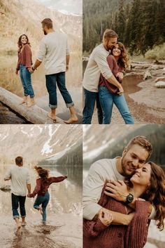 a man and woman holding each other while standing in front of a mountain lake during their engagement session