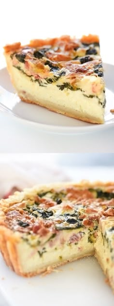 two slices of quiche sitting on top of white plates