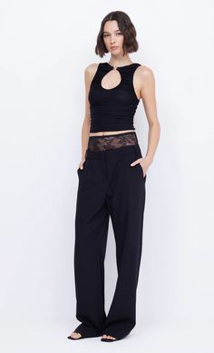 A classic with a twist, the Jewel Slouched Pant feature a statement contrast inbuilt stretch lace waistband with a scalloped edge. The relaxed pant sit on the mid waist and are finished with belt loops, side seam pockets and back welt pockets. Styled with our Whorl Keyhole Top. Slouch Pants, Keyhole Top, Stacked Necklaces, Jaded London, Classy Dress, Crop Tee