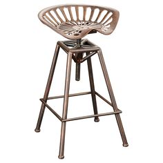 a metal stool with a wooden seat and foot rest on an isolated white background for text or image