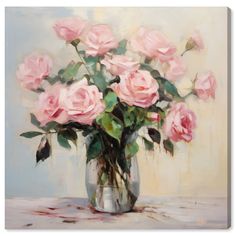 a painting of pink roses in a vase