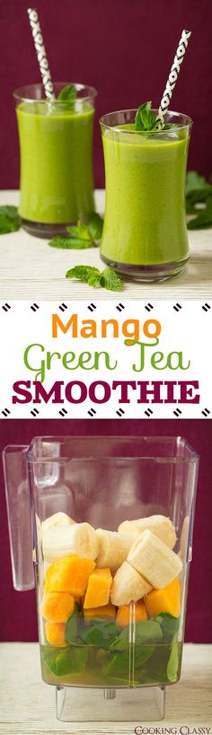 mango green tea smoothie in a blender