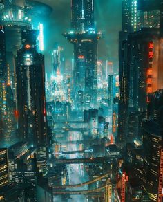 a futuristic city at night with skyscrapers lit up