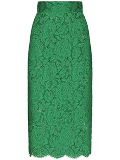 emerald green floral-lace detailing high-waisted rear zip fastening scallop hem mid-length Classic Italian Style, Romantic Blouses, Lace Midi Skirt, Skirts Midi High Waisted, Guipure Lace, Dolce E Gabbana, Perfect Wardrobe, Wool Blend Coat, Lace Midi