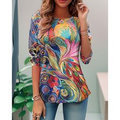 Category:Long Sleeve T-shirt; Season:Spring,Fall; Fabric:Polyester; Sleeve Length:Long Sleeve; Look After Me:Machine wash,Washable,Wet and Dry Cleaning; Gender:Women's; Style:Casual; Elasticity:Micro-elastic; Tops Type:T Shirt; Occasion:Daily; Top Length:Regular Tops; Fit Type:Regular Fit; Pattern:Color Gradient; Design:Print; Neckline:Crew Neck; Brand:Shall We; Listing Date:09/05/2024 Casual Multicolor Tops With Random Print, Multicolor Stretch T-shirt For Fall, Colorful Crew Neck Top For Fall, Casual Colorful Stretch Tops, Colorful Stretch Casual Tops, Purple Rainbow, Women's T Shirts, Gradient Color, Tshirts Online