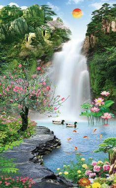 a painting of a waterfall with flowers and birds in the foreground, surrounded by water lilies